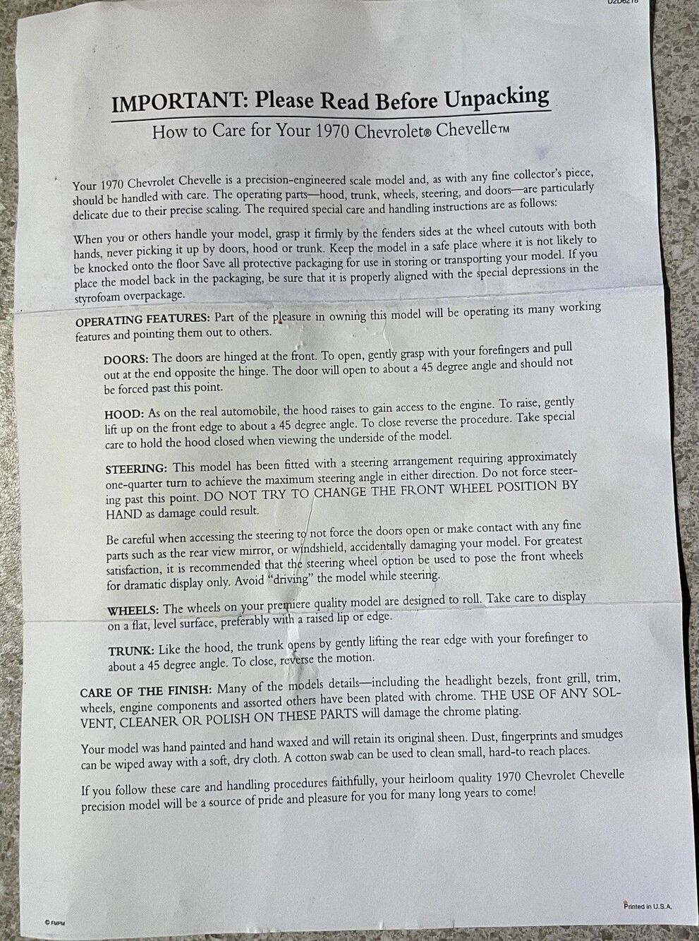 Franklin Mint 1970 Chevy Chevelle SS 1/24 Paperwork Unpacking Instructions Only